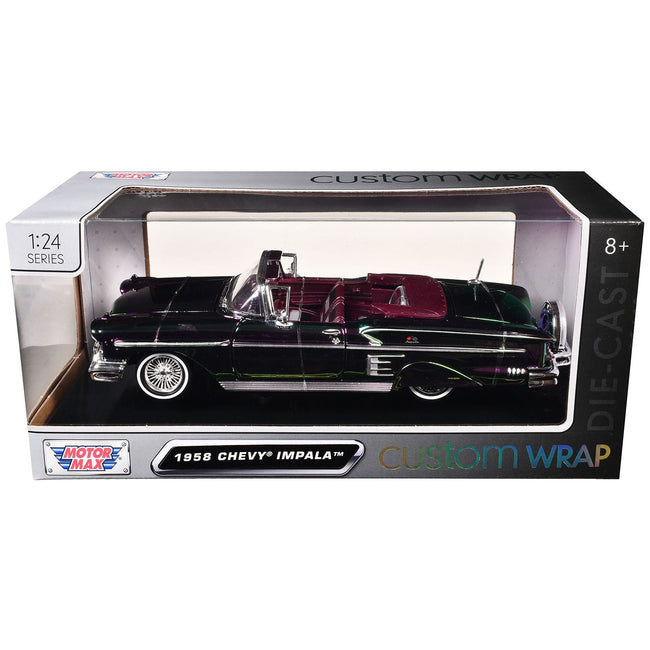 1958 Chevrolet Impala Green and Purple Chrome "Custom Wrap" Series 1/24 Diecast Model Car by Motormax-Motormax-ModelCars.com