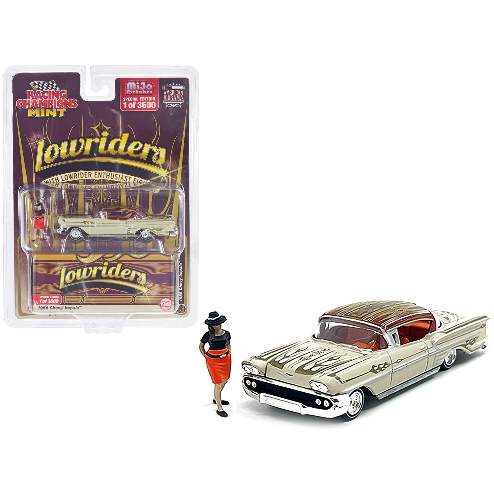 1958 Chevrolet Impala Lowrider Beige with Graphics and Orange Interior with Diecast Figure Limited Edition to 3600 pieces Worldwide 1/64 Diecast Model Car by Racing Champions - Racing Champions - ModelCars.com
