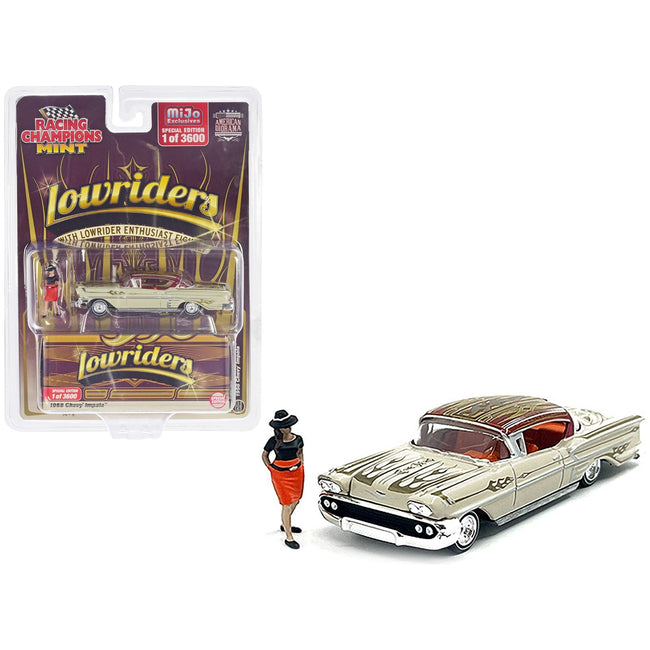 1958 Chevrolet Impala Lowrider Beige with Graphics and Orange Interior with Diecast Figure Limited Edition to 3600 pieces Worldwide 1/64 Diecast Model Car by Racing Champions - Racing Champions - ModelCars.com