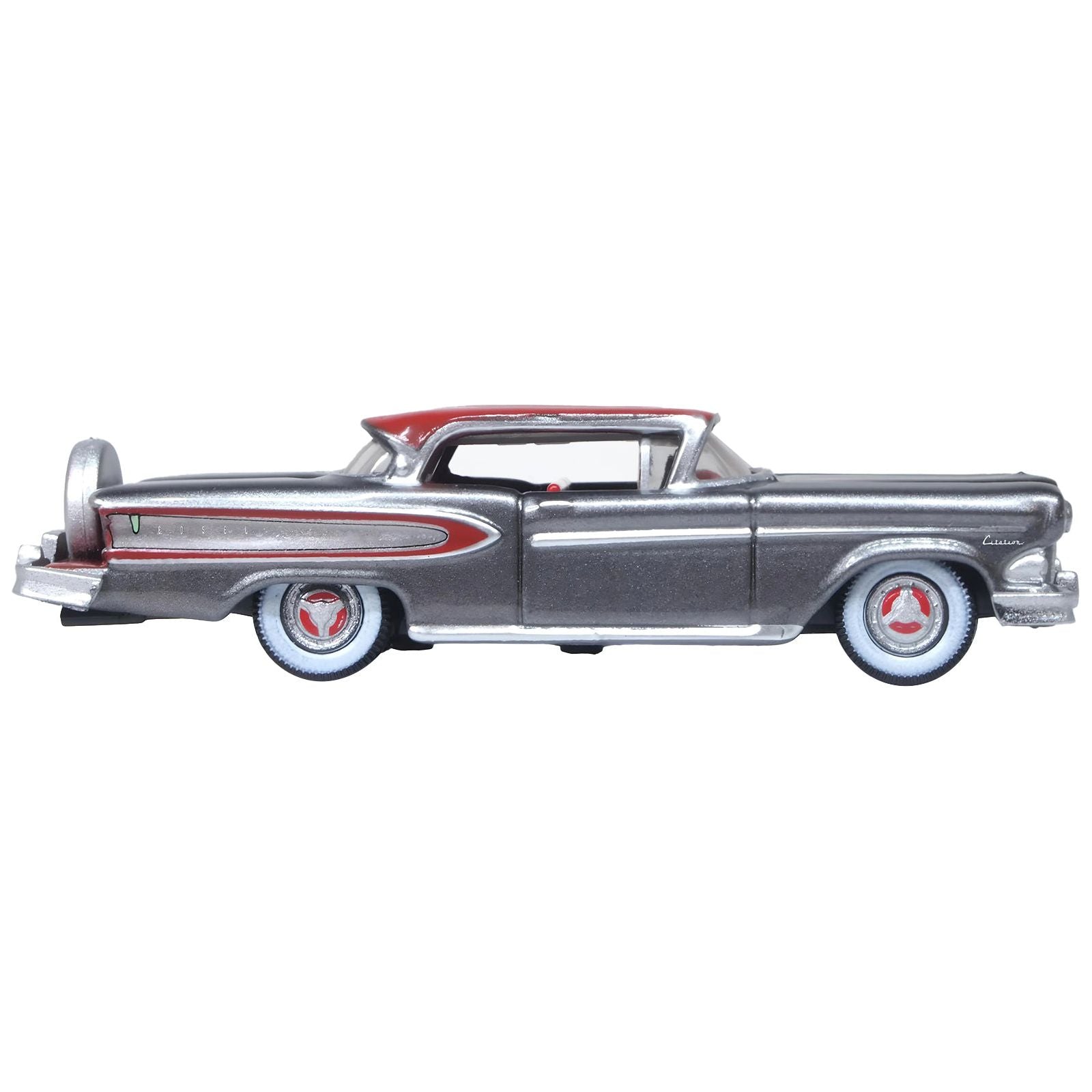1958 Edsel Citation Silver Gray Metallic with Ember Red Top and Red Interior 1/87 (HO) Scale Diecast Model Car by Oxford Diecast - Oxford Diecast - ModelCars.com