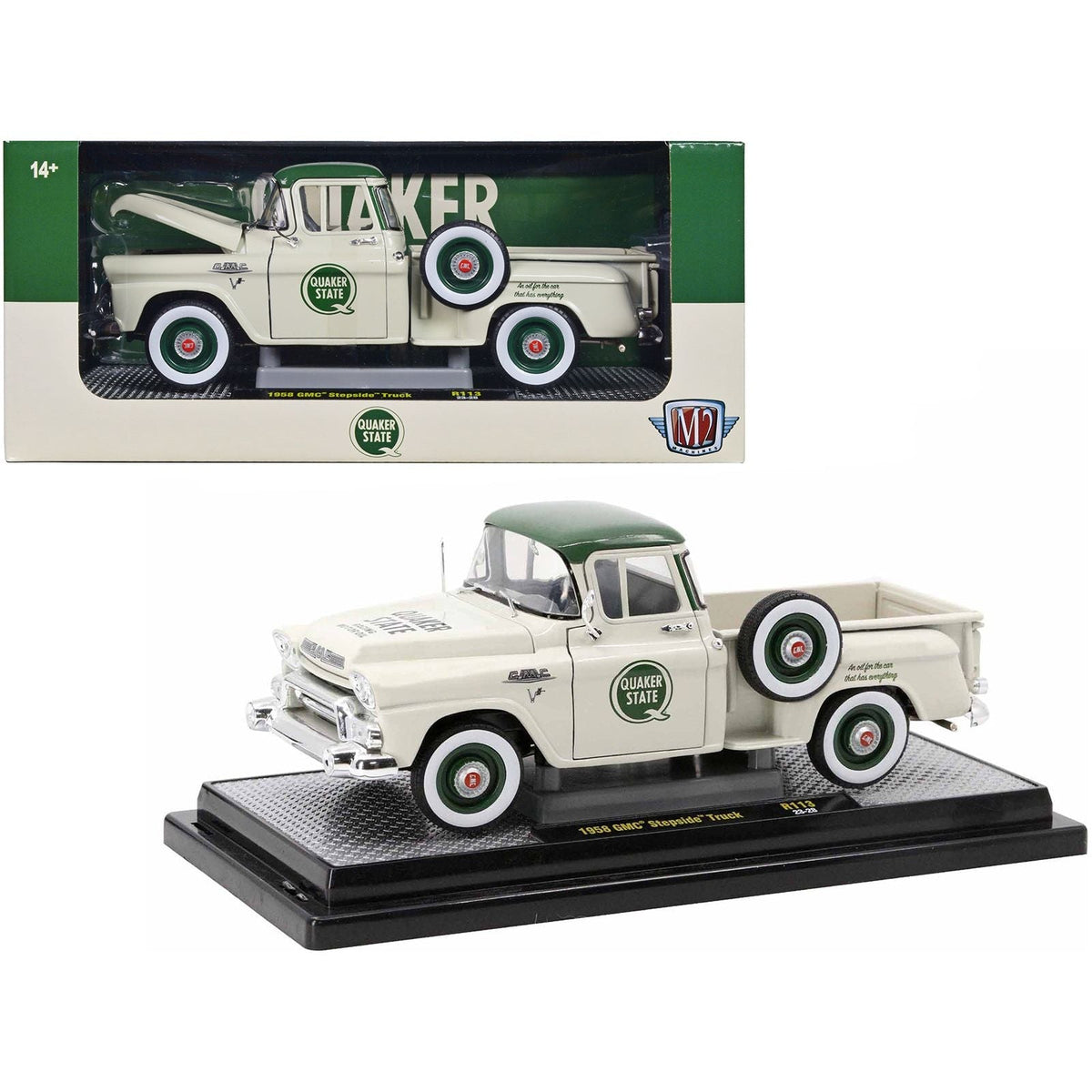 1958 GMC Stepside Pickup Truck Light Beige with Green Top "Quaker State" Limited Edition to 6650 pieces Worldwide 1/24 Diecast Model Car by M2 Machines-M2-ModelCars.com
