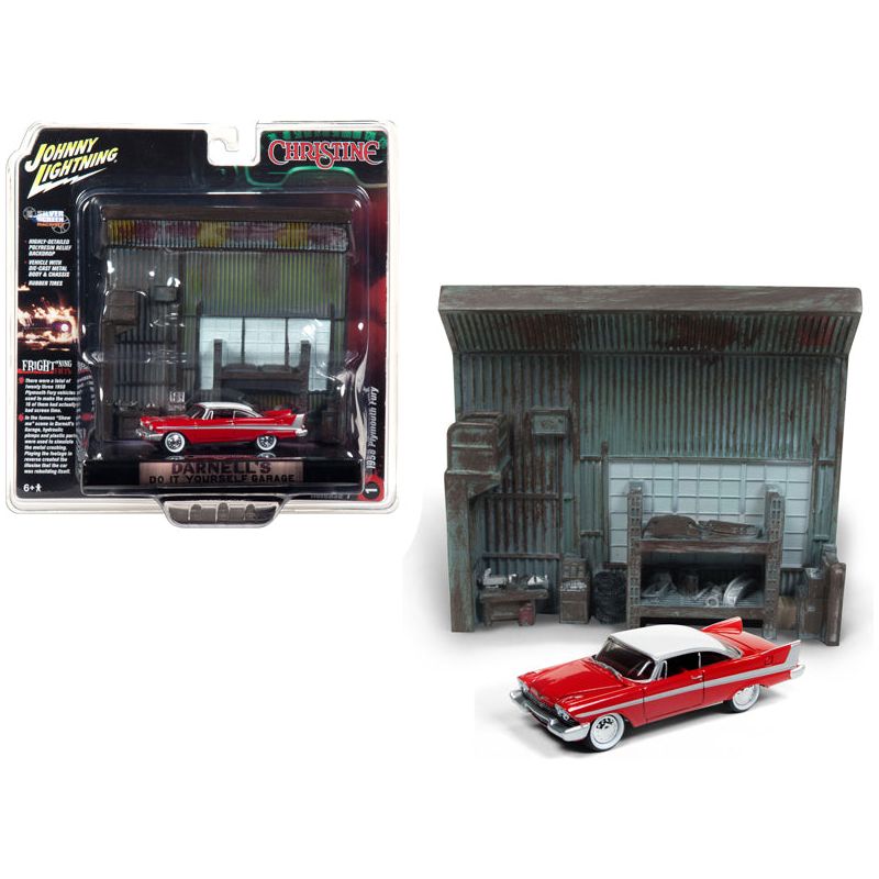 1958 Plymouth Fury Red with "Darnell's Garage" Interior Diorama from "Christine" (1983) Movie 1/64 Diecast Model by Johnny Lightning-Johnny Lightning-ModelCars.com