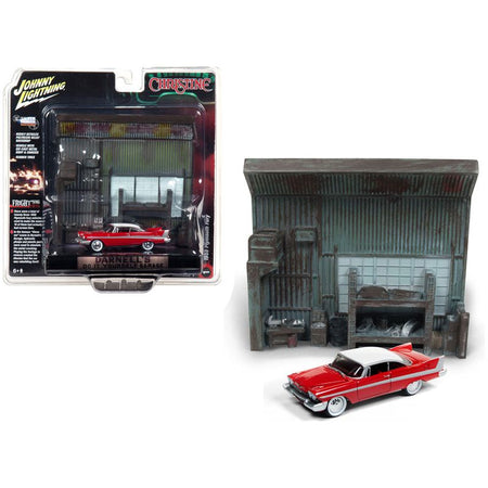 1958 Plymouth Fury Red with "Darnell's Garage" Interior Diorama from "Christine" (1983) Movie 1/64 Diecast Model by Johnny Lightning-Johnny Lightning-ModelCars.com