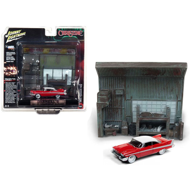1958 Plymouth Fury Red with "Darnell's Garage" Interior Diorama from "Christine" (1983) Movie 1/64 Diecast Model by Johnny Lightning - Johnny Lightning - ModelCars.com