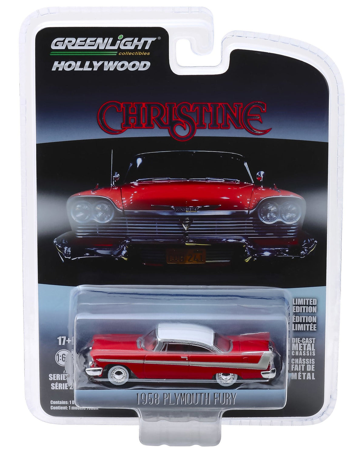 1958 Plymouth Fury Red with White Top "Christine" (1983) Movie "Hollywood Series" Release 23 1/64 Diecast Model Car by Greenlight-Greenlight-ModelCars.com