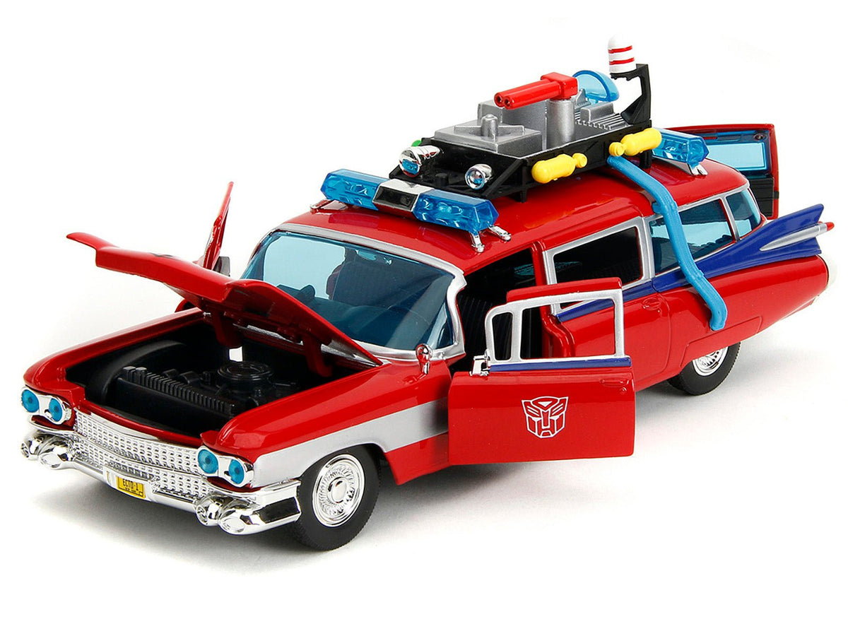 1959 Cadillac Ambulance Ecto-1 Red "Transformers" TV Series - "Ghostbusters" (1984) Movie Crossover "Hollywood Rides" Series 1/24 Diecast Model Car by Jada-Jada-ModelCars.com