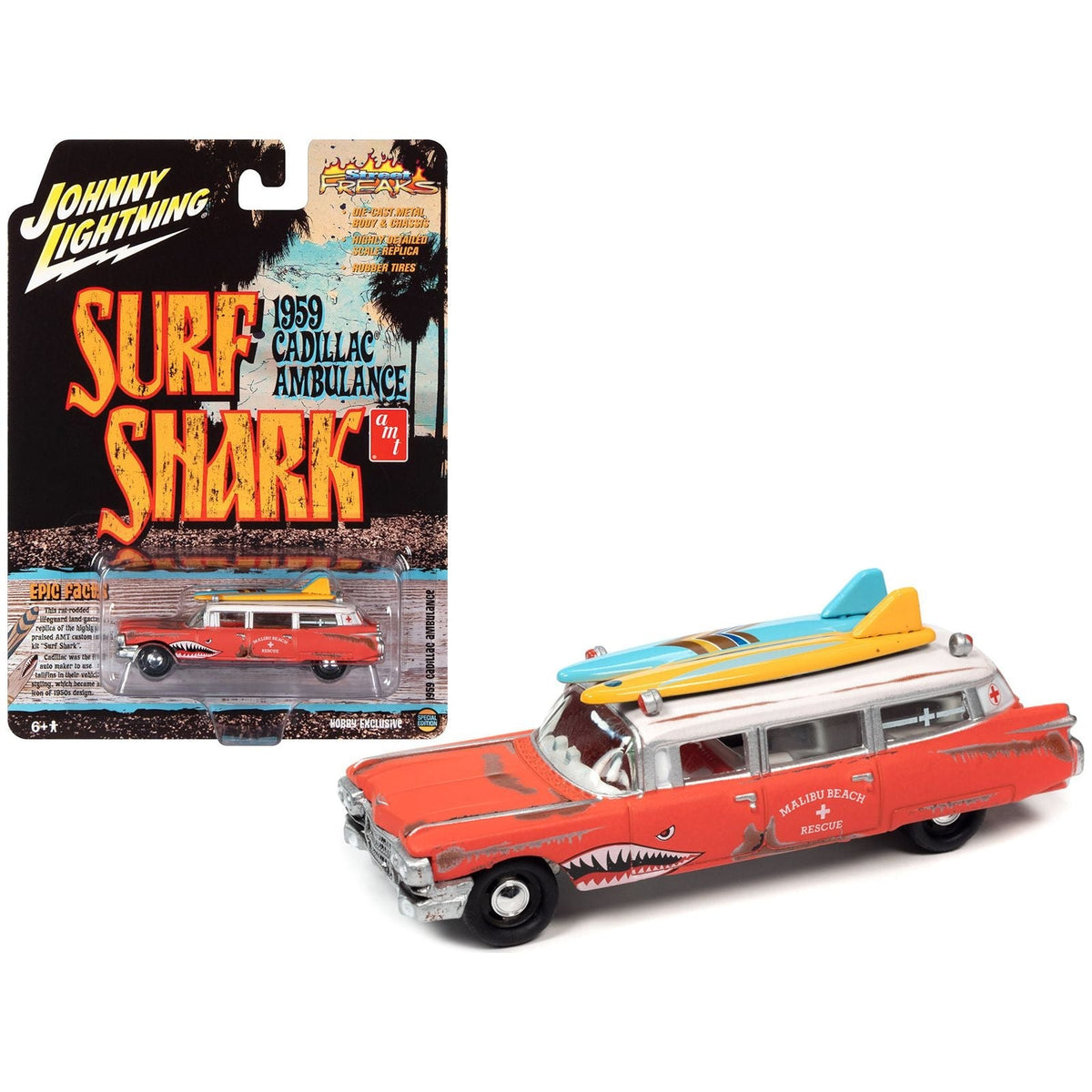 1959 Cadillac Ambulance Red with White Top "Malibu Beach Rescue" (Weathered) with Surfboards on Roof "Surf Shark" "Street Freaks" Series 1/64 Diecast Model Car by Johnny Lightning-Johnny Lightning-ModelCars.com