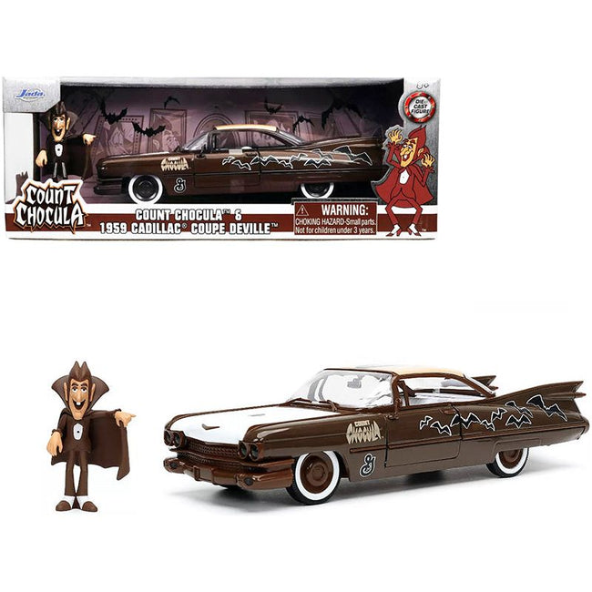 1959 Cadillac Coupe DeVille Brown and White with Graphics and Count Chocula Diecast Figurine "Hollywood Rides" Series 1/24 Diecast Model Car by Jada-Jada-ModelCars.com