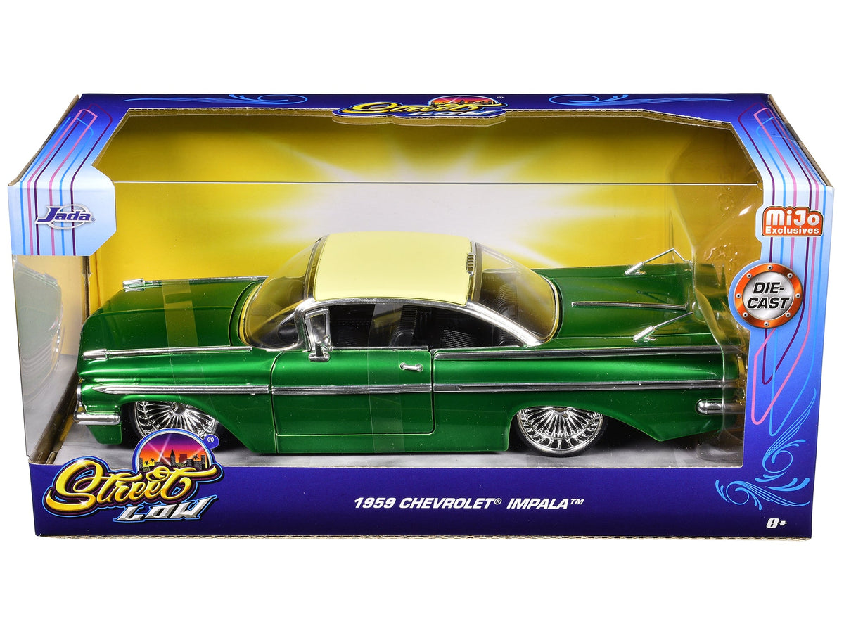1959 Chevrolet Impala Lowrider Green Metallic with Cream Top and DUB Wire Wheels "Street Low" Series 1/24 Diecast Model Car by Jada-Jada-ModelCars.com