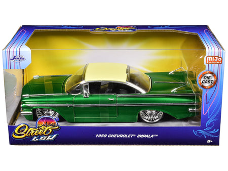 1959 Chevrolet Impala Lowrider Green Metallic with Cream Top and DUB Wire Wheels "Street Low" Series 1/24 Diecast Model Car by Jada-Jada-ModelCars.com