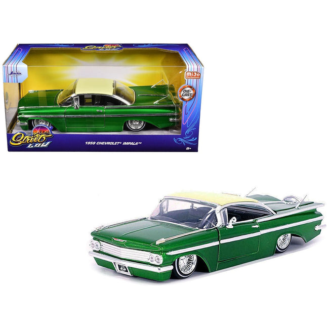 1959 Chevrolet Impala Lowrider Green Metallic with Cream Top and Wire Wheels "Street Low" Series 1/24 Diecast Model Car by Jada-Jada-ModelCars.com