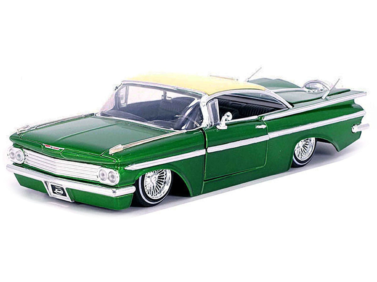 1959 Chevrolet Impala Lowrider Green Metallic with Cream Top and Wire Wheels "Street Low" Series 1/24 Diecast Model Car by Jada-Jada-ModelCars.com