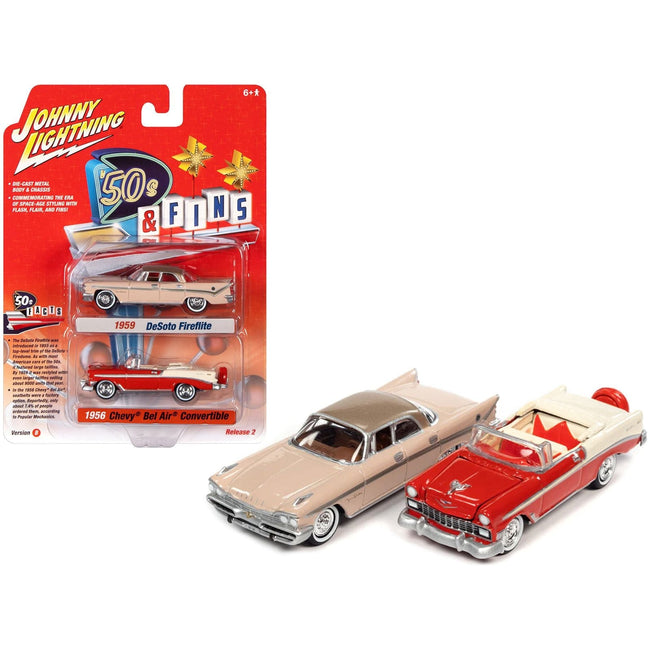 1959 Desoto Fireflite Spring Rose Pink with Golden Tan Top and 1956 Chevrolet Bel Air Convertible Matador Red and White "'50s & Fins" Series Set of 2 Cars 1/64 Diecast Model Cars by Johnny Lightning-Johnny Lightning-ModelCars.com