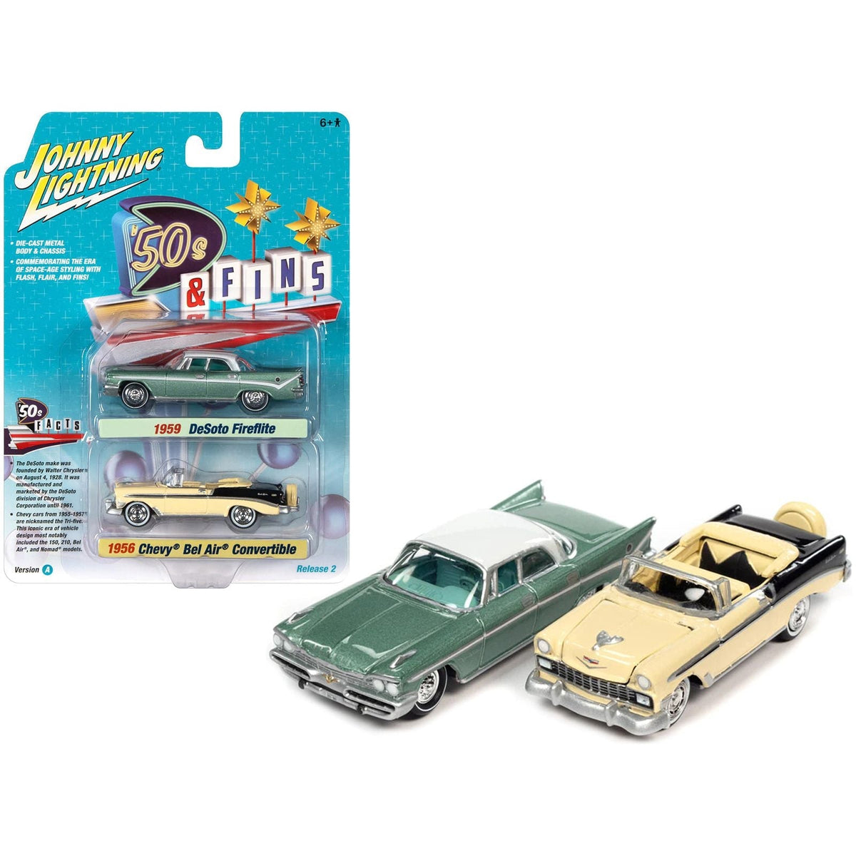 1959 Desoto Fireflite Surf Green Metallic with White Top and 1956 Chevrolet Bel Air Convertible Crocus Yellow and Black "'50s & Fins" Series Set of 2 Cars 1/64 Diecast Model Cars by Johnny Lightning-Johnny Lightning-ModelCars.com