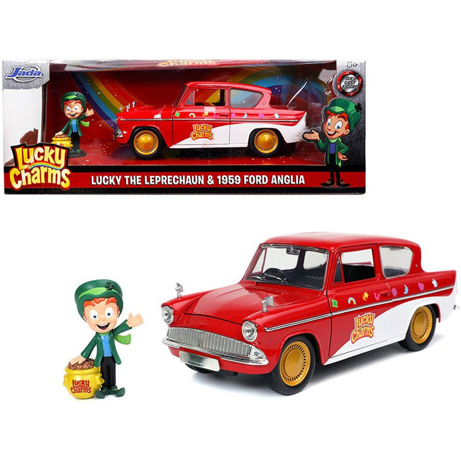 1959 Ford Anglia Red and White with Lucky the Leprechaun Diecast Figurine "Lucky Charms" 1/24 Diecast Model Car by Jada-Jada-ModelCars.com
