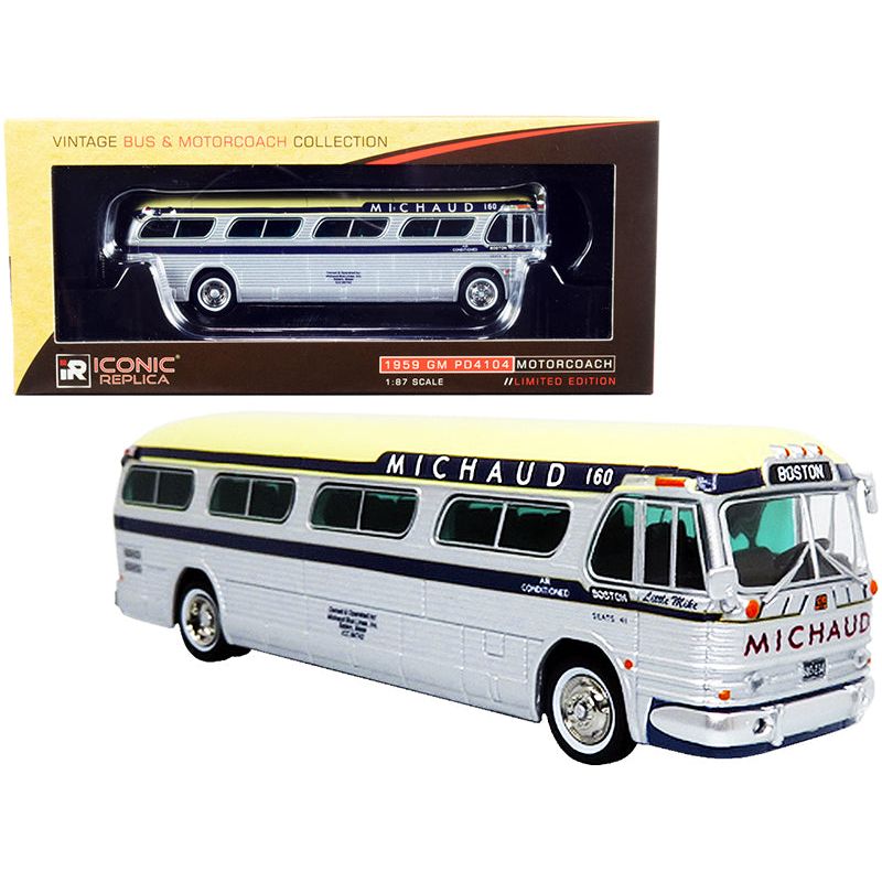 1959 GM PD4104 Motorcoach Bus "Boston" "Michaud Lines" Silver and Cream with Dark Blue Stripes "Vintage Bus & Motorcoach Collection" 1/87 (HO) Diecast Model by Iconic Replicas - Iconic Replicas - ModelCars.com