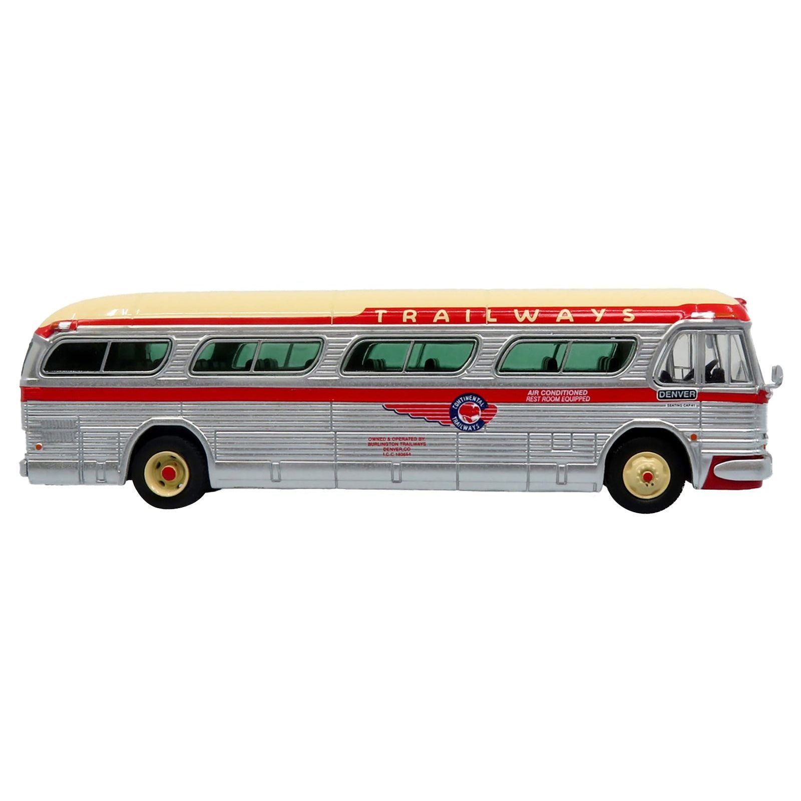 1959 GM PD4104 Motorcoach Bus "Continental Trailways" Silver and Cream with Red Stripes "Vintage Bus & Motorcoach Collection" Limited Edition 1/87 (HO) Diecast Model by Iconic Replicas - Iconic Replicas - ModelCars.com