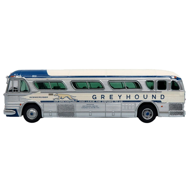 1959 GM PD4104 Motorcoach Bus "Greyhound" Silver and Cream with Blue Stripes "Vintage Bus & Motorcoach Collection" Limited Edition Limited Edition 1/87 (HO) Diecast Model by Iconic Replicas-Iconic Replicas-ModelCars.com
