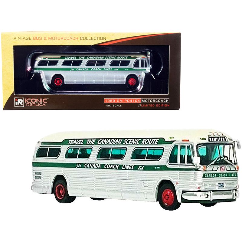 1959 GM PD4104 Motorcoach Bus "Hamilton" "Canada Coach Lines" Silver and Cream with Green Stripes "Vintage Bus & Motorcoach Collection" 1/87 (HO) Diecast Model by Iconic Replicas - Iconic Replicas - ModelCars.com