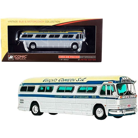 1959 GM PD4104 Motorcoach Bus "S. Paulo - Rio" "Viacao Cometa S.A." (Brazil) Silver and Cream with Blue Stripes "Vintage Bus & Motorcoach Collection" 1/87 (HO) Diecast Model by Iconic Replicas - Iconic Replicas - ModelCars.com