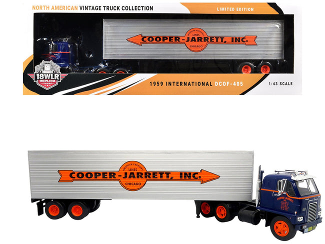 1959 International DCOF-405 Truck with Box Trailer "Cooper Jarrett Inc." Dark Blue with Orange Stripes "North American Vintage Truck Collection" 1/43 Diecast Model by Iconic Replicas-Iconic Replicas-ModelCars.com