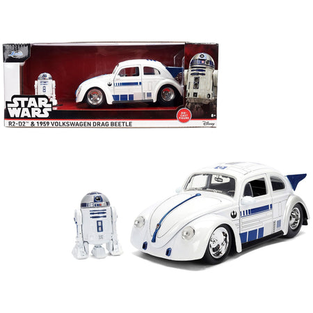 1959 Volkswagen Drag Beetle White with Graphics and R2-D2 Figure "Star Wars" Franchise "Hollywood Rides" Series 1/24 Diecast Model Car by Jada-Jada-ModelCars.com