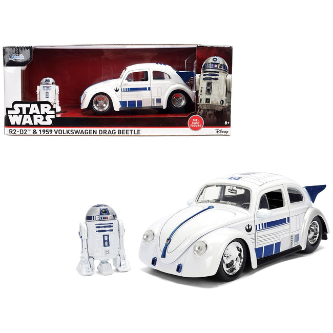 1959 Volkswagen Drag Beetle White with Graphics and R2-D2 Figure "Star Wars" Franchise "Hollywood Rides" Series 1/24 Diecast Model Car by Jada-Jada-ModelCars.com