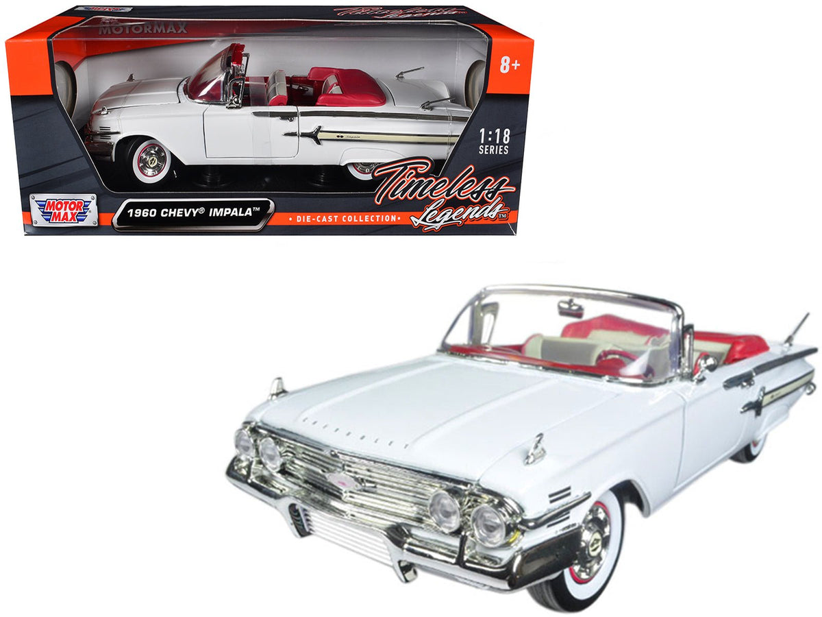 1960 Chevrolet Impala Convertible White with Red Interior 1/18 Diecast Model Car by Motormax-Motormax-ModelCars.com
