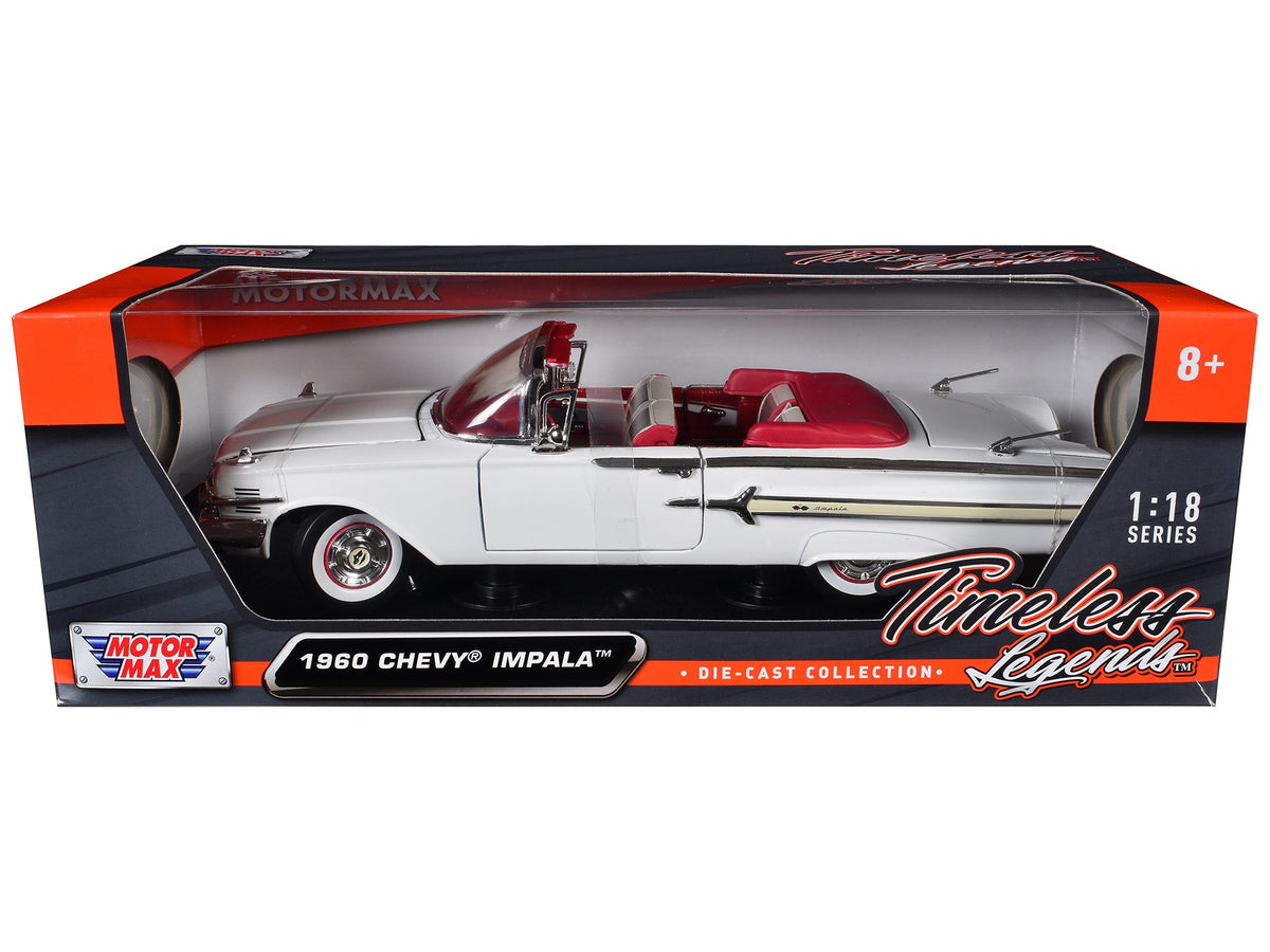 1960 Chevrolet Impala Convertible White with Red Interior 1/18 Diecast Model Car by Motormax-Motormax-ModelCars.com