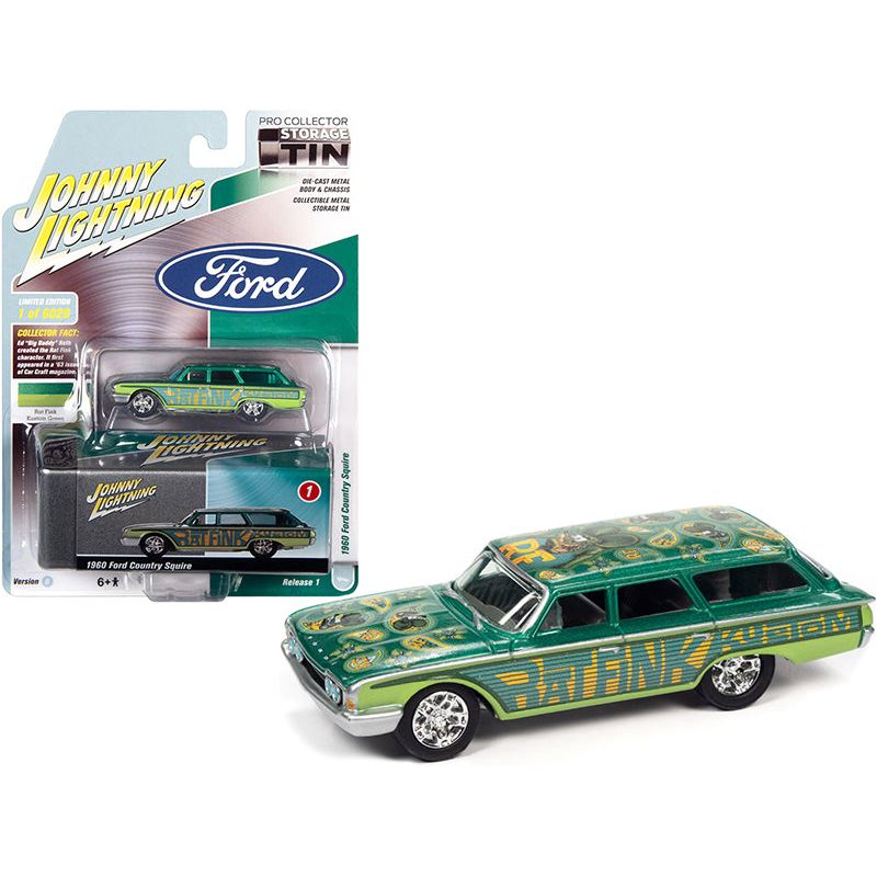 1960 Ford Country Squire "Rat Fink" Kustom Green and Teal with Graphics and Collector Tin Limited Edition to 6020 pieces Worldwide 1/64 Diecast Model Car by Johnny Lightning - Johnny Lightning - ModelCars.com