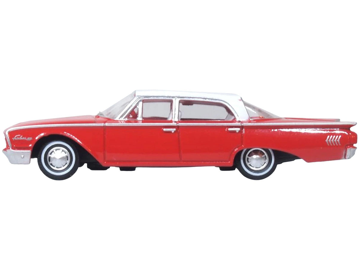 1960 Ford Fairlane Sedan 500 Monte Carlo Red with Corinthian White Top and Interior 1/87 (HO) Scale Diecast Model Car by Oxford Diecast-Oxford Diecast-ModelCars.com