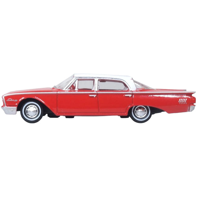 1960 Ford Fairlane Sedan 500 Monte Carlo Red with Corinthian White Top and Interior 1/87 (HO) Scale Diecast Model Car by Oxford Diecast-Oxford Diecast-ModelCars.com