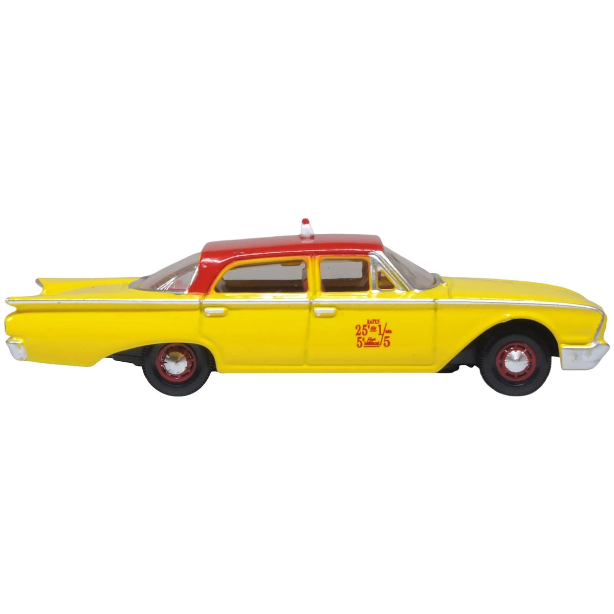 1960 Ford Fairlane Sedan "NYC Taxi" Yellow with Red Top and Interior 1/87 (HO) Scale Diecast Model Car by Oxford Diecast-Oxford Diecast-ModelCars.com