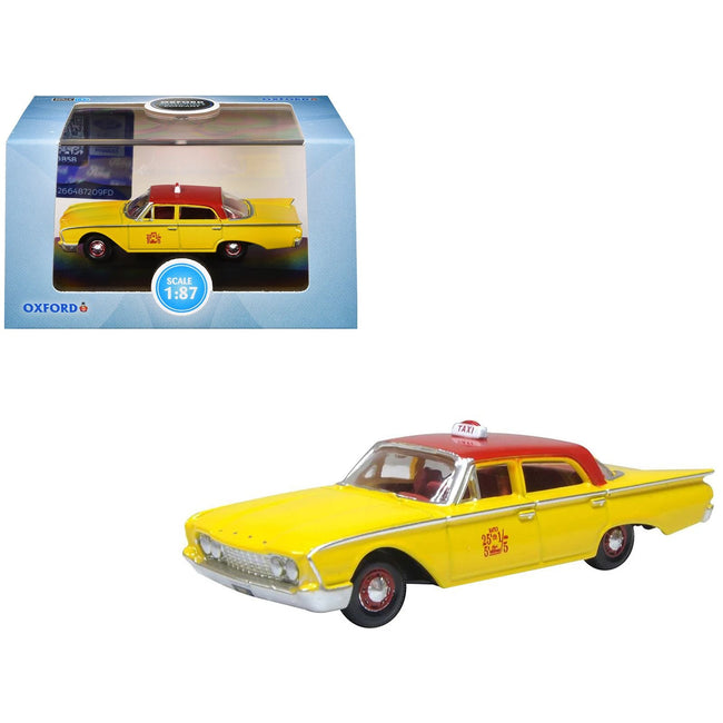 1960 Ford Fairlane Sedan "NYC Taxi" Yellow with Red Top and Interior 1/87 (HO) Scale Diecast Model Car by Oxford Diecast-Oxford Diecast-ModelCars.com