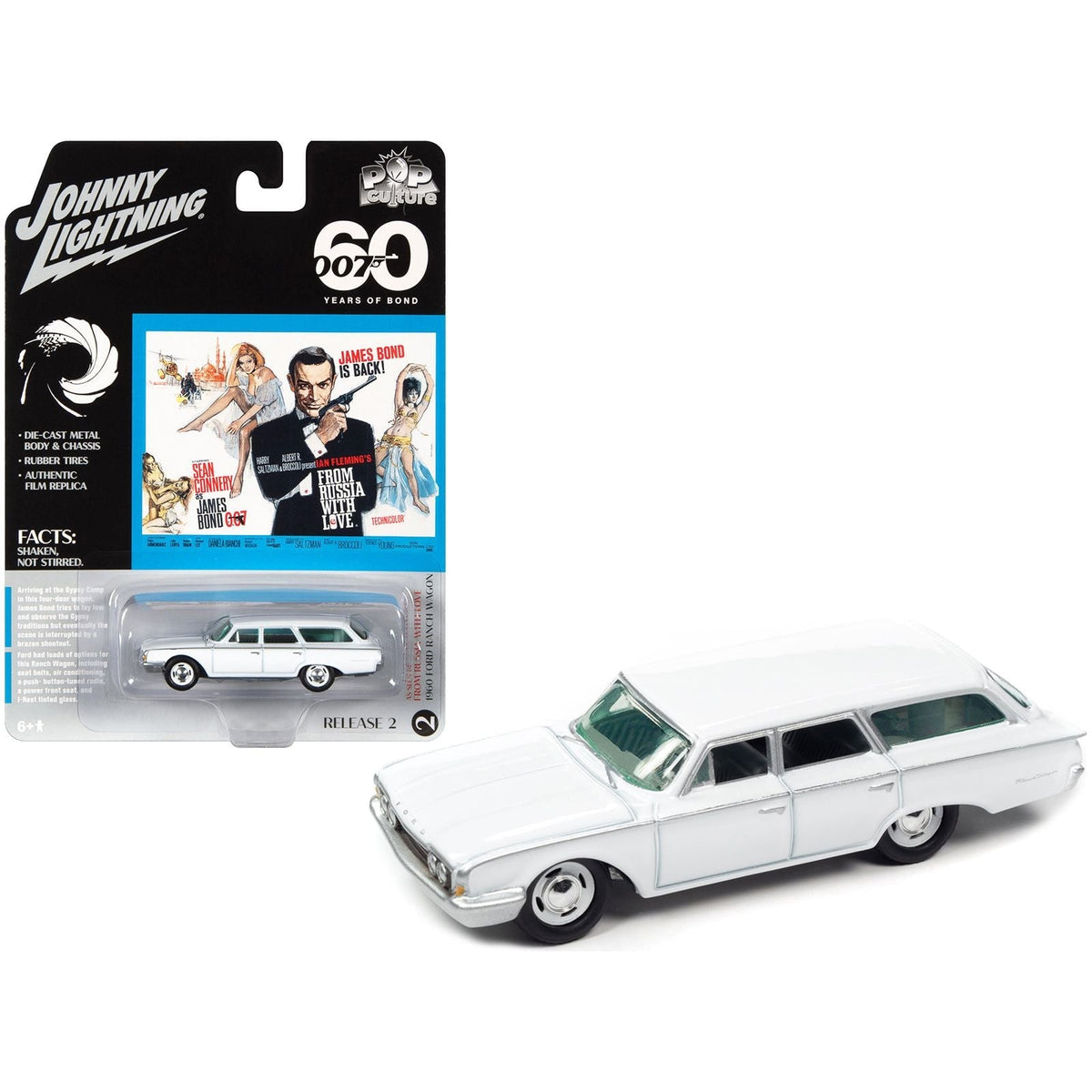 1960 Ford Ranch Wagon White 007 James Bond "From Russia With Love" (1963) Movie "Pop Culture" 2022 Release 2 1/64 Diecast Model Car by Johnny Lightning-Johnny Lightning-ModelCars.com