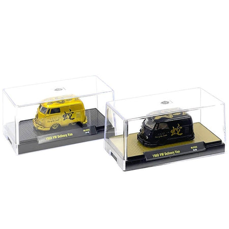 1960 Volkswagen Delivery Van Black with Graphics and 1960 Volkswagen Delivery Van Gold Metallic with Graphics "2025 Year Of The Snake" Set of 2 pieces Limited Edition to 2025 pieces Worldwide 1/64 Diecast Model Cars by M2 Machines - M2 - ModelCars.com