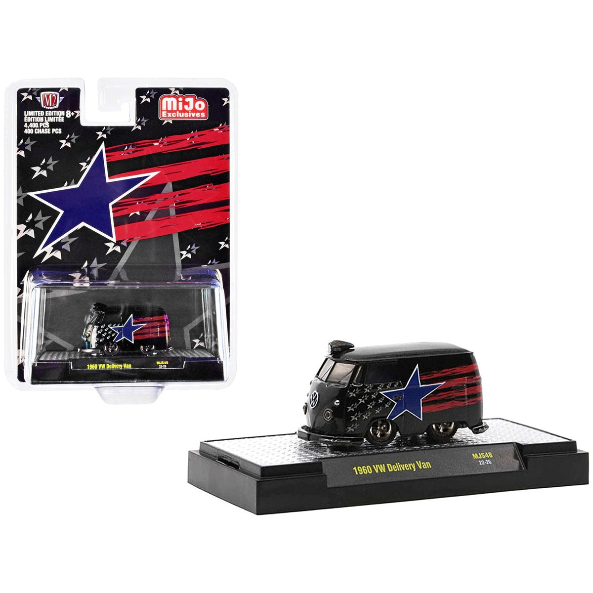1960 Volkswagen Delivery Van Black with Stars and Stripes Graphics Limited Edition to 4400 pieces Worldwide 1/64 Diecast Model Car by M2 Machines-M2-ModelCars.com