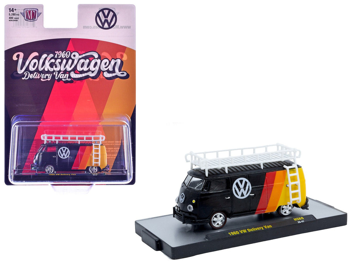 1960 Volkswagen Delivery Van Black with Stripes and White Roof Rack Limited Edition to 5280 pieces Worldwide 1/64 Diecast Model Car by M2 Machines-M2-ModelCars.com