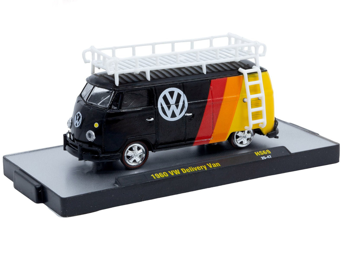 1960 Volkswagen Delivery Van Black with Stripes and White Roof Rack Limited Edition to 5280 pieces Worldwide 1/64 Diecast Model Car by M2 Machines-M2-ModelCars.com