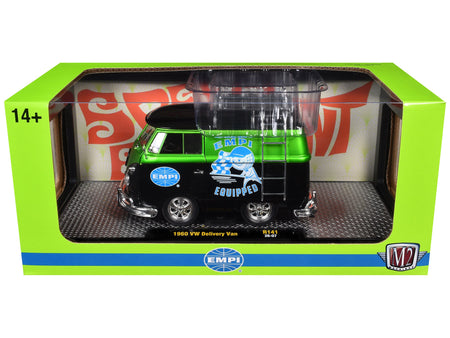 1960 Volkswagen Delivery Van "EMPI Equipped" Black and Green Metallic with Roof Rack and Ladder Limited Edition to 4050 pieces Worldwide 1/24 Diecast Model Car by M2 Machines-M2-ModelCars.com