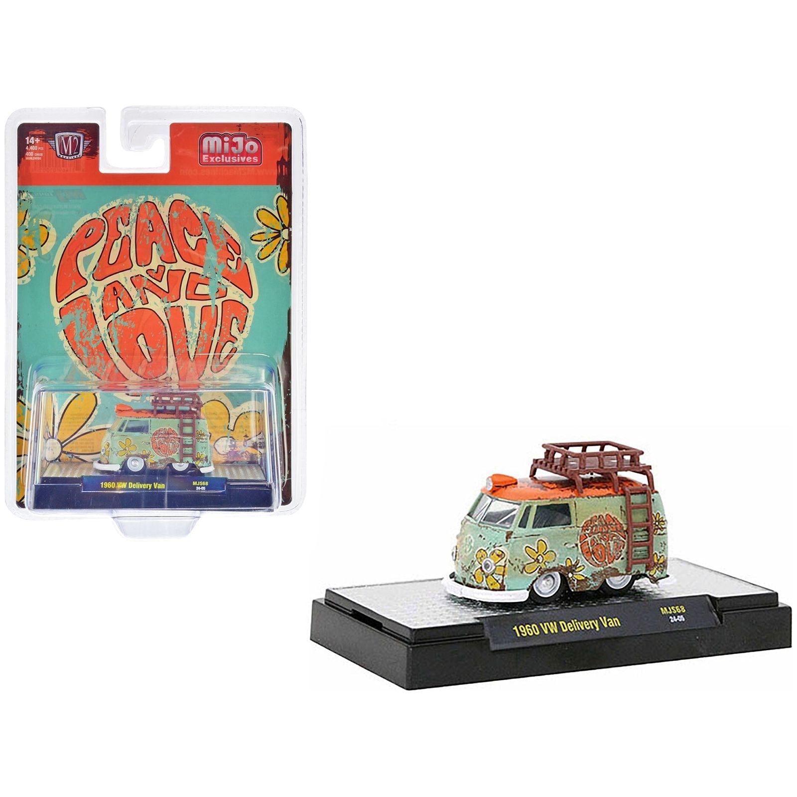 1960 Volkswagen Delivery Van Light Green with Orange Top and Roofrack (Weathered) "Peace and Love" Limited Edition to 4400 pieces Worldwide 1/64 Diecast Model by M2 Machines - M2 - ModelCars.com