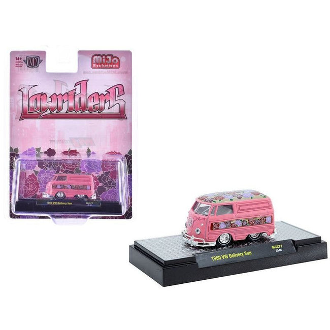 1960 Volkswagen Delivery Van "Lowriders" Pink Metallic with Flower Print Top and Side Stripes and White Interior Limited Edition to 4400 pieces Worldwide 1/64 Diecast Model Car by M2 Machines-M2-ModelCars.com