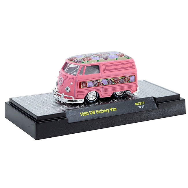 1960 Volkswagen Delivery Van "Lowriders" Pink Metallic with Flower Print Top and Side Stripes and White Interior Limited Edition to 4400 pieces Worldwide 1/64 Diecast Model Car by M2 Machines-M2-ModelCars.com