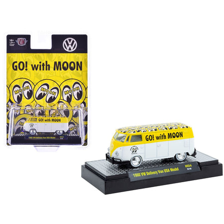 1960 Volkswagen Delivery Van USA Model "MoonEyes" White and Yellow with Top Graphics and White Interior Limited Edition to 5236 pieces Worldwide 1/64 Diecast Model Car by M2 Machines-M2-ModelCars.com