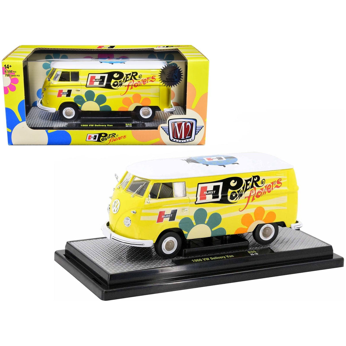 1960 Volkswagen Delivery Van Yellow with Bright White Top and Flower Graphics "Hurst Power Flowers" Limited Edition to 6550 pieces Worldwide 1/24 Diecast Model Car by M2 Machines-M2-ModelCars.com