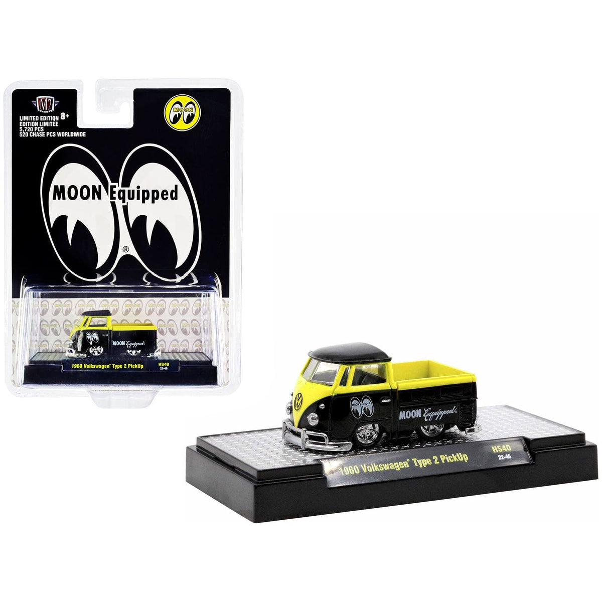 1960 Volkswagen Type 2 Pickup Truck Black and Bright Yellow "Mooneyes: Moon Equipped" Limited Edition to 5720 pieces Worldwide 1/64 Diecast Model Car by M2 Machine-M2-ModelCars.com