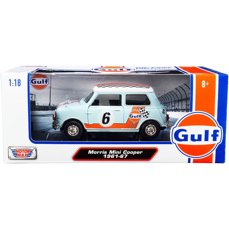 1961 - 1967 Morris Mini Cooper RHD (Right Hand Drive) 6 "Gulf Oil" Light Blue with Orange Stripes and Checkered Top "City Classics" Series 1/18 Diecast Model Car by Motormax - Motormax - ModelCars.com