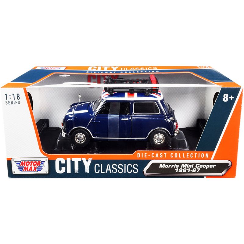 1961 - 1967 Morris Mini Cooper RHD (Right Hand Drive) Dark Blue with British Flag on the Top and Roof Rack "City Classics" Series 1/18 Diecast Model Car by Motormax - Motormax - ModelCars.com