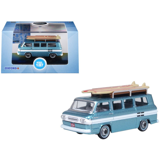 1961 Chevrolet Corvair Greenbrier Passenger Wagon Van Turquoise Metallic and Cameo White with Surfboards on Roof 1/87 (HO) Scale Diecast Model Car by Oxford Diecast-Oxford Diecast-ModelCars.com