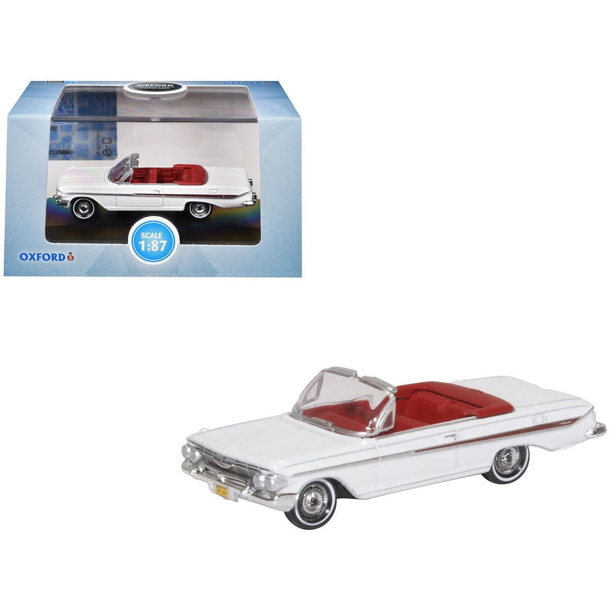 1961 Chevrolet Impala Convertible Ermine White with Roman Red Interior 1/87 (HO) Scale Diecast Model Car by Oxford Diecast-Oxford Diecast-ModelCars.com